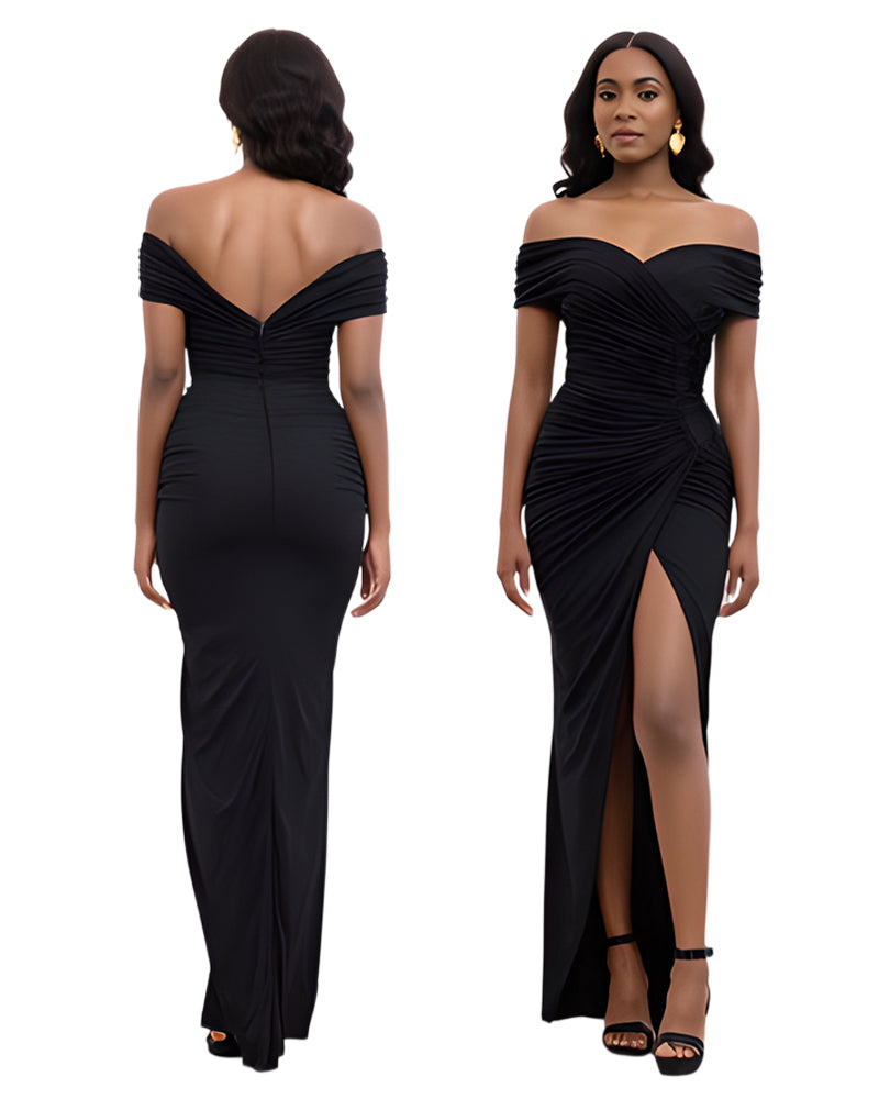 Solid Color Off Shoulder Slit Long Dress