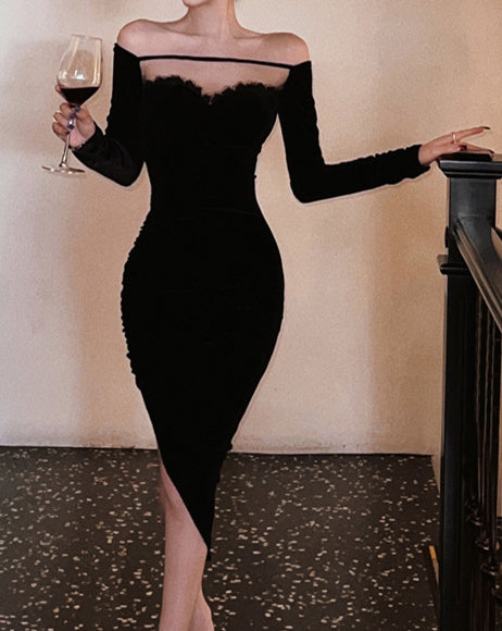 Autumn And Winter Slit Slim Irregular Bodycon Long Sleeve Off Shoulder Velvet Dress 4