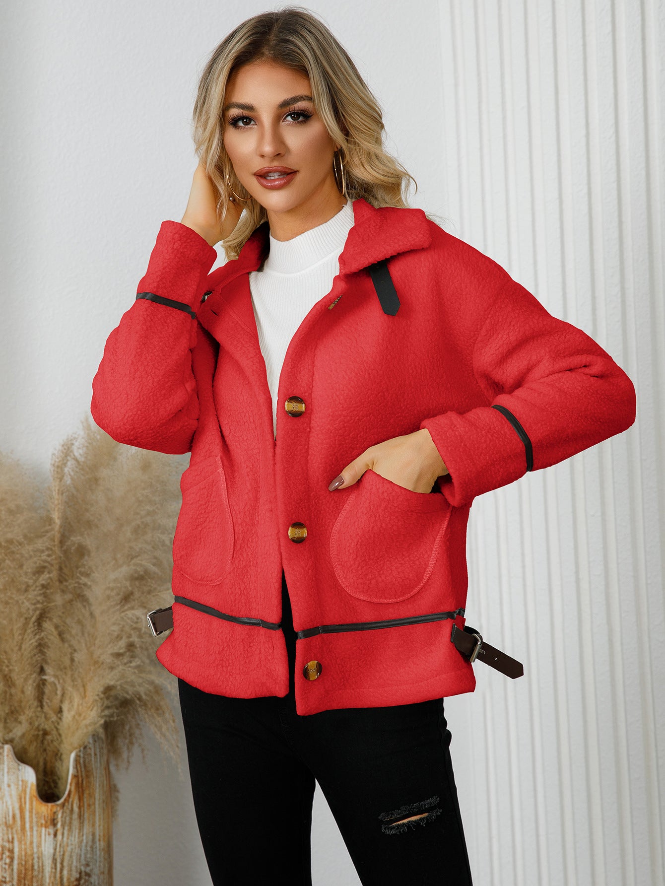 Women's Turndown Collar button lamb fleece jacket short coat 7
