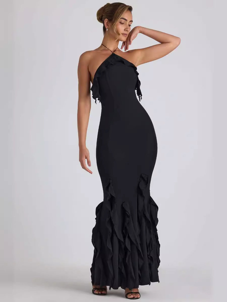 Women Summer Sexy Halter Neck Backless Bodycon Ruffle Pleated Evening Dress 5
