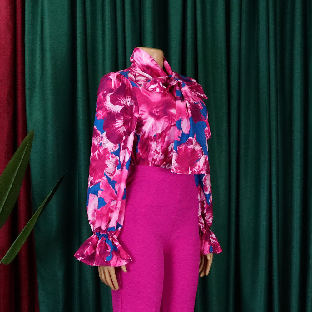 Women's Fashion Chic Slim Fit Printed Lace-Up Plus Size African Shirt 14