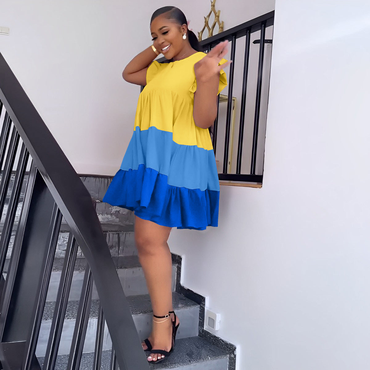 Women's Round Neck Ruffle Sleeve Contrast Patchwork Oversized Swing Dress 22