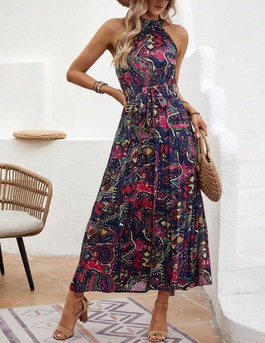 Women Printed Retro Halter Neck Bohemian Dress 4