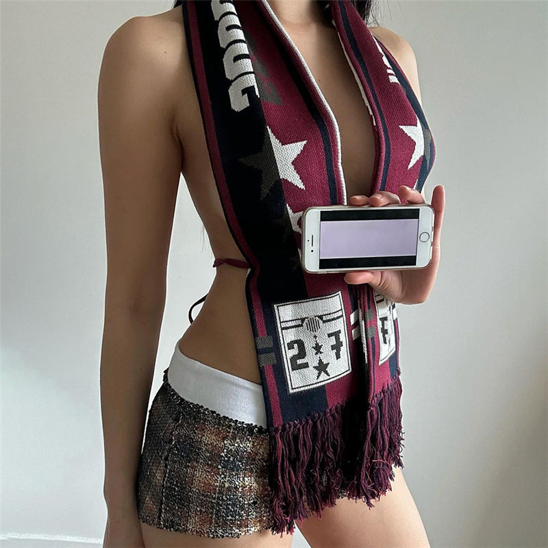 Summer Women Sexy Backless Strappy Tassel Printed Scarf Top 4