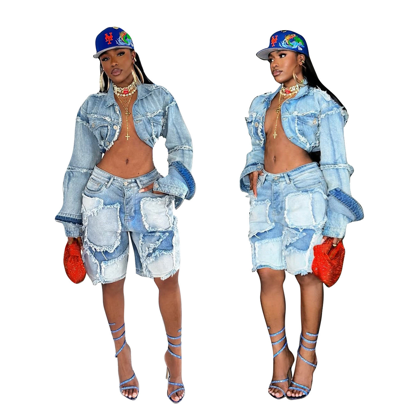 Washed Patchwork Denim Two Piece Shorts Set for Women 6