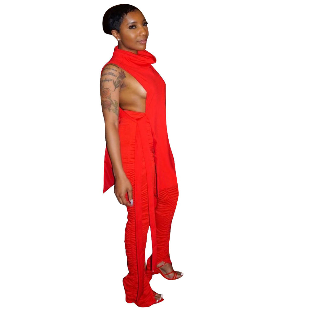 Women's Spring Summer Fashion Sexy Solid Side Lace-Up Two-Piece Pants Set 4