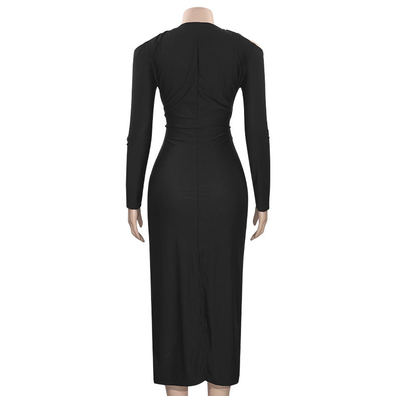 Autumn Solid Color V-Neck Halter Neck Slim Long Sleeve Sexy High Waist Dress 8