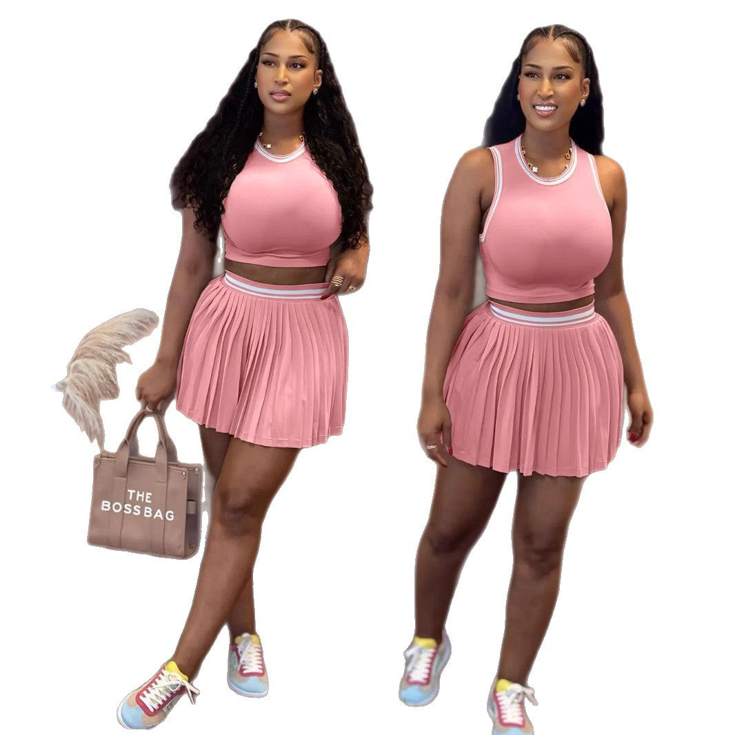 Women's Sleeveless Pleated Vest and Skirt Casual Set 10