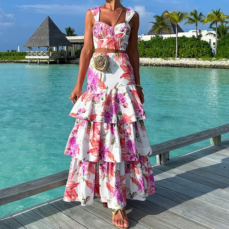 Women Spring Summer printed Top and skirt Two Piece Set