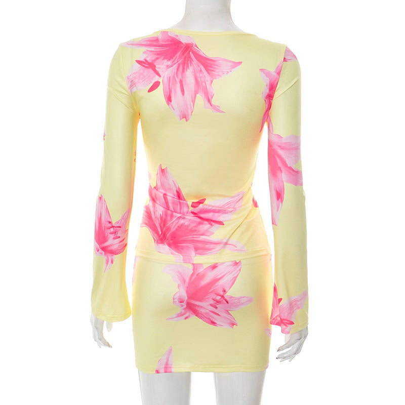 Women's Floral Print Long Sleeve Ring-Detail Slit Top & Tight-Fitting Skirt Two-Piece Set 8