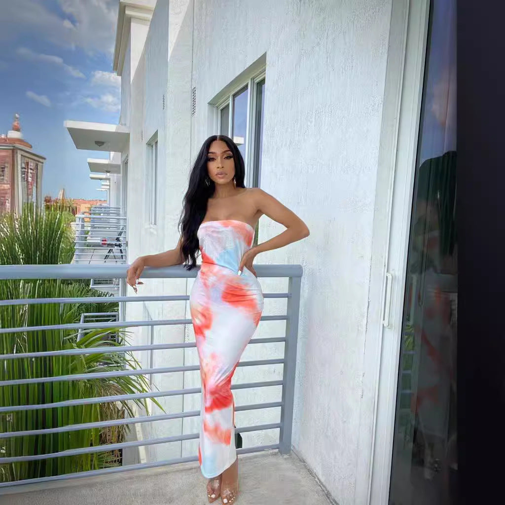 Summer Women's Sexy Printed Strapless Chic Tight Fitting Printed Long Dress 12