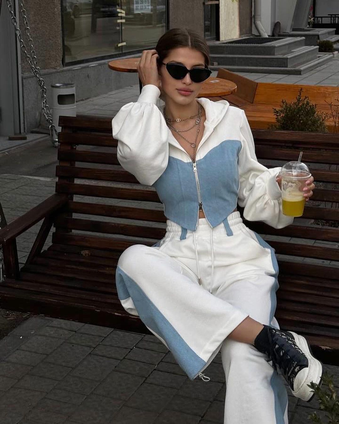 Women's Fashion Casual Hoodies Set Denim Patchwork Hooded Top and Pants Two-Piece Set 10