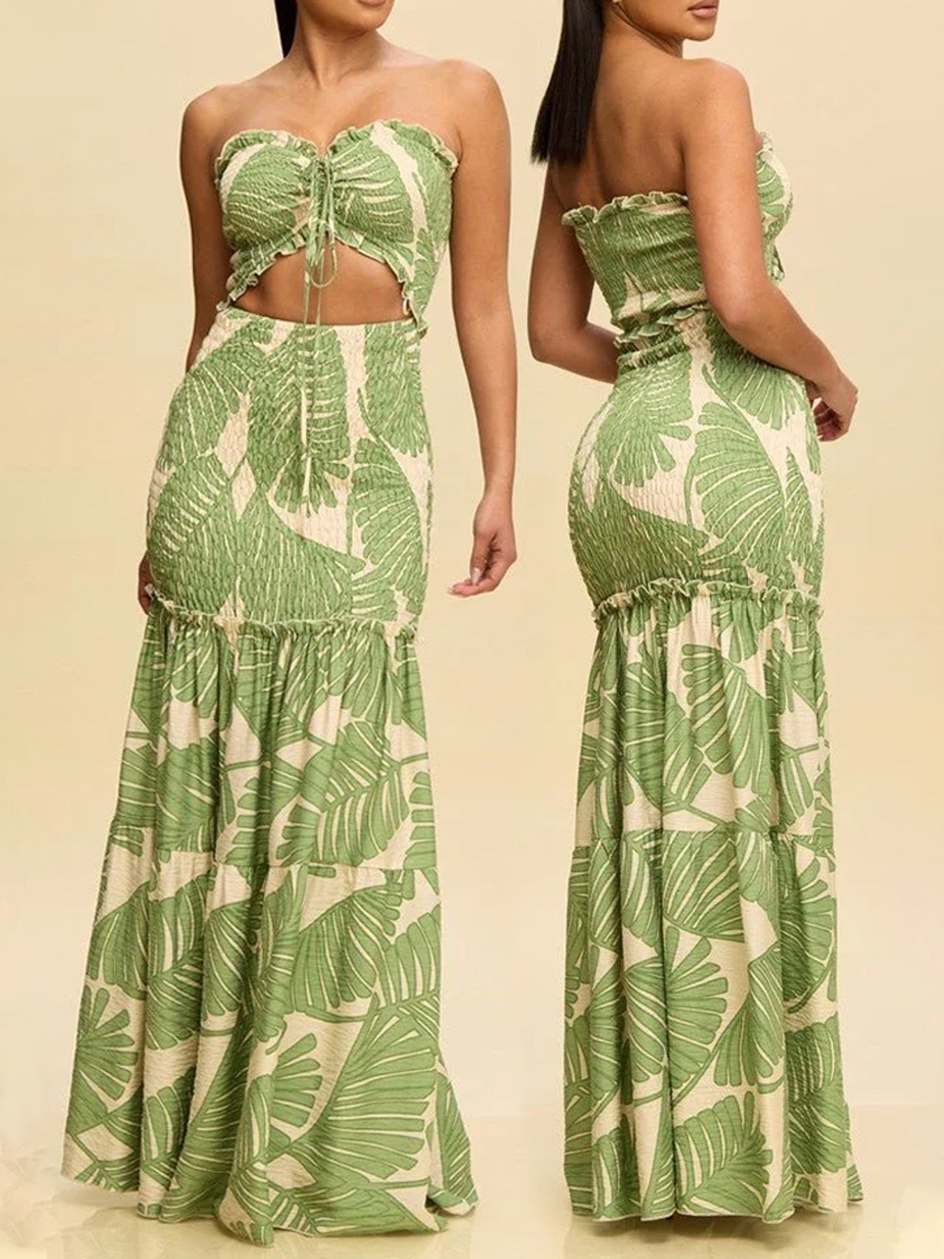 Women Printed Strapless Hollow Dress