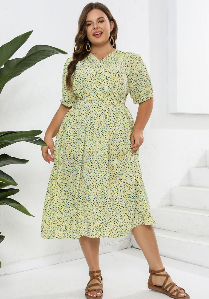 Plus Size Women Floral V-Neck Short Sleeve Belted Printed Dress