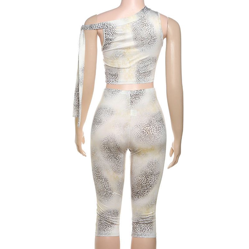 Summer Women's Fashion Street Contrast Leopard Print One-Shoulder Crop Top Shorts Two-Piece Set 11