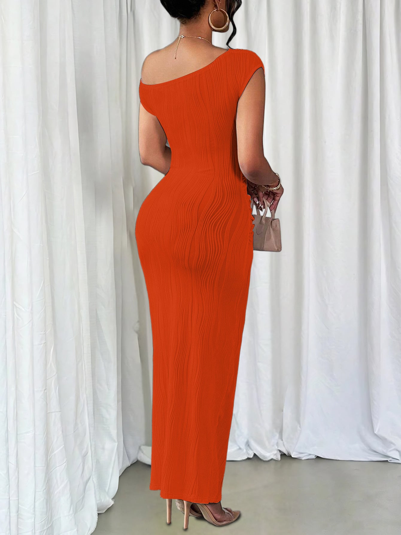 Fashion Ripple Slash Shoulder Slim Long Dress 15