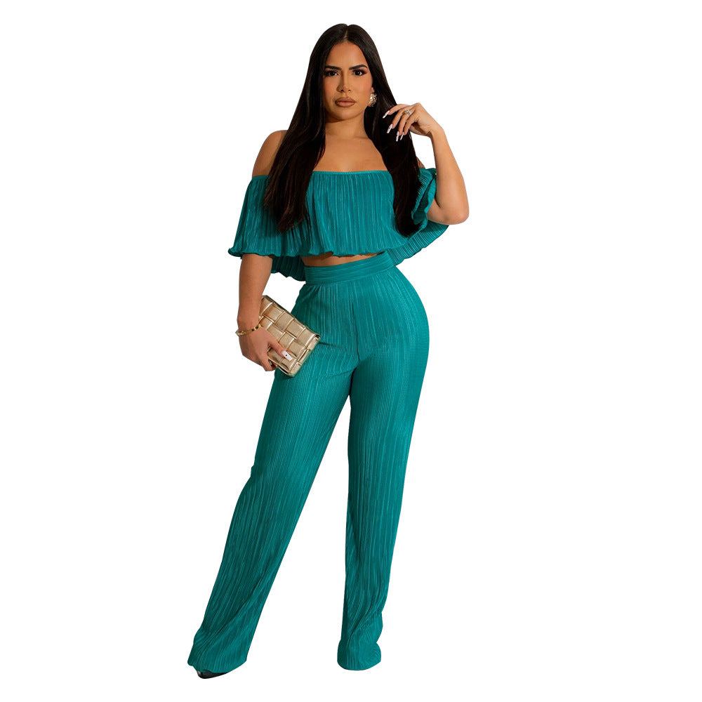 Women's Pleated Ruffle Off Shoulder crop top Wide Leg Pants two piece Set 15