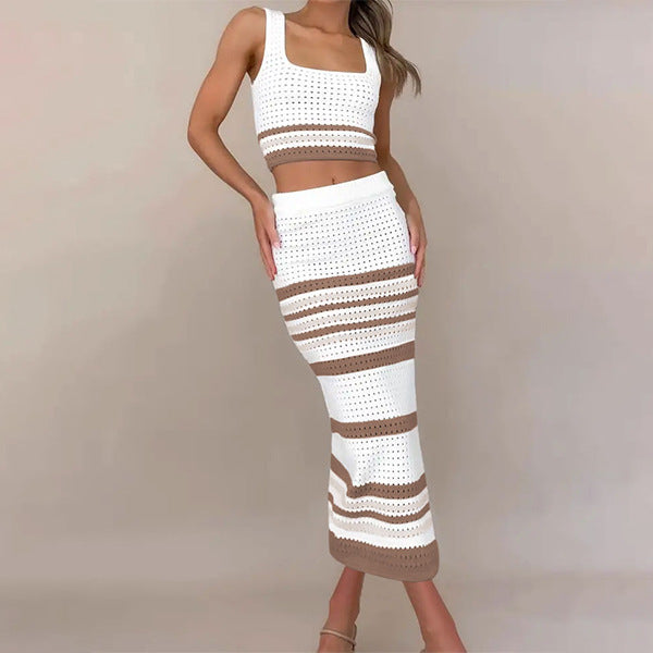 Women Contrast Color Striped Tank Top and Skirt Two-piece Set