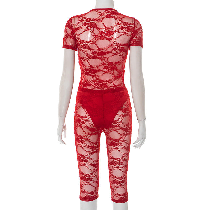 Women Sexy Lace Hollow Lace Short Sleeve Top Shorts Two-piece Set 8