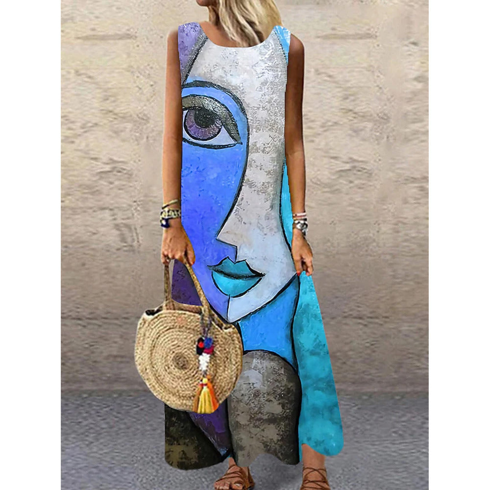 Women Vintage Print Sleeveless Round Neck Maxi Dress 8