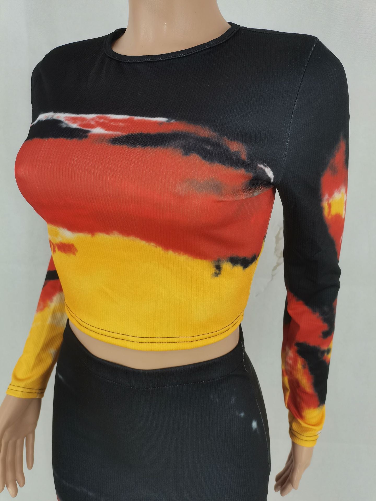 Women Sexy Ribbed Printed Top and Bodycon Skirt Two-piece Set 12