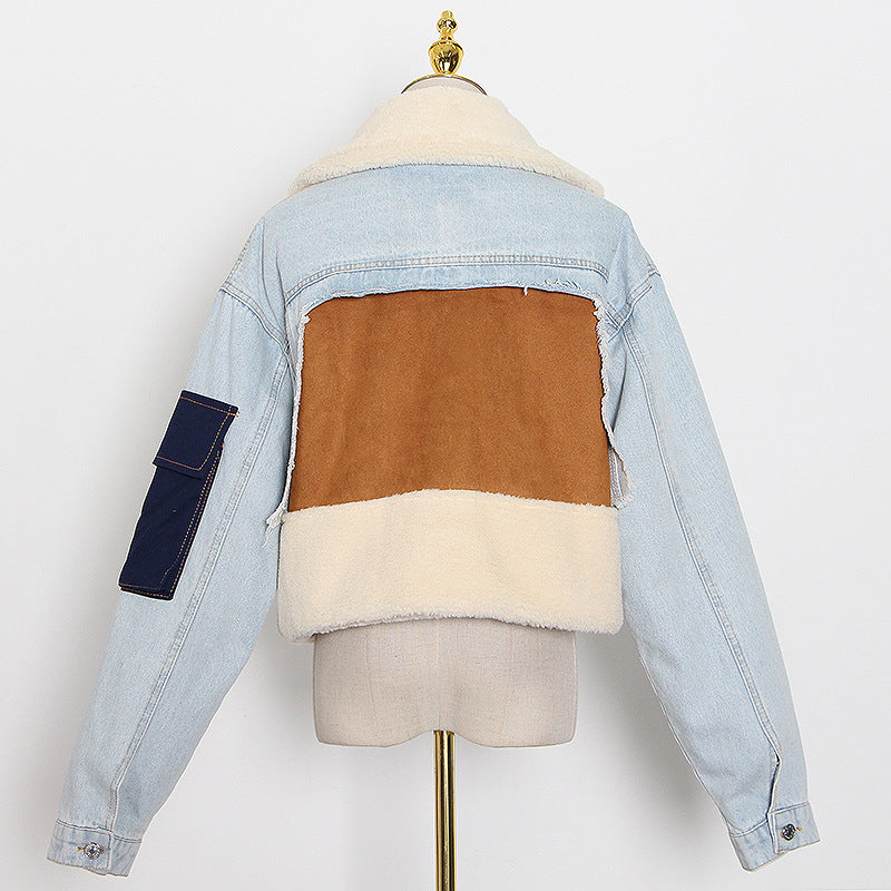 Women Lamb Wool Patchwork Loose Casual Denim Crop Jacket 13
