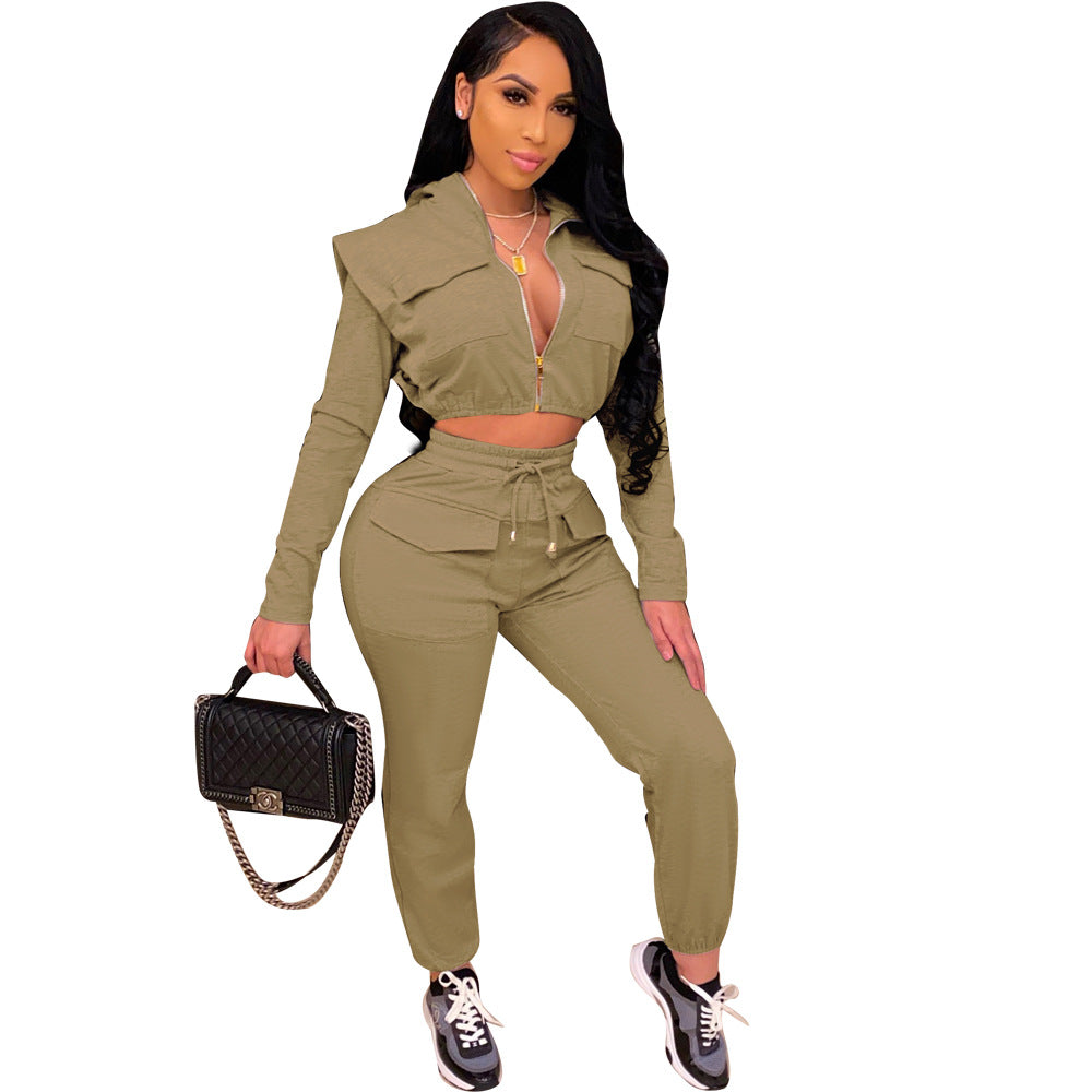 Women Sexy Zip with Cap Long Sleeve Top + Trousers Two-piece Set 13