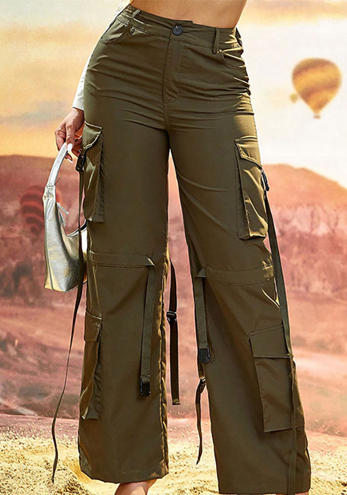 American Retro Cargo Pants Women's Pocket High Waist Straight Wide Leg Ribbon Loose Casual Trousers