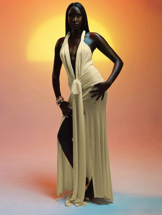 Women Sexy Backless Halter Neck V-neck Solid Slit Dress 4