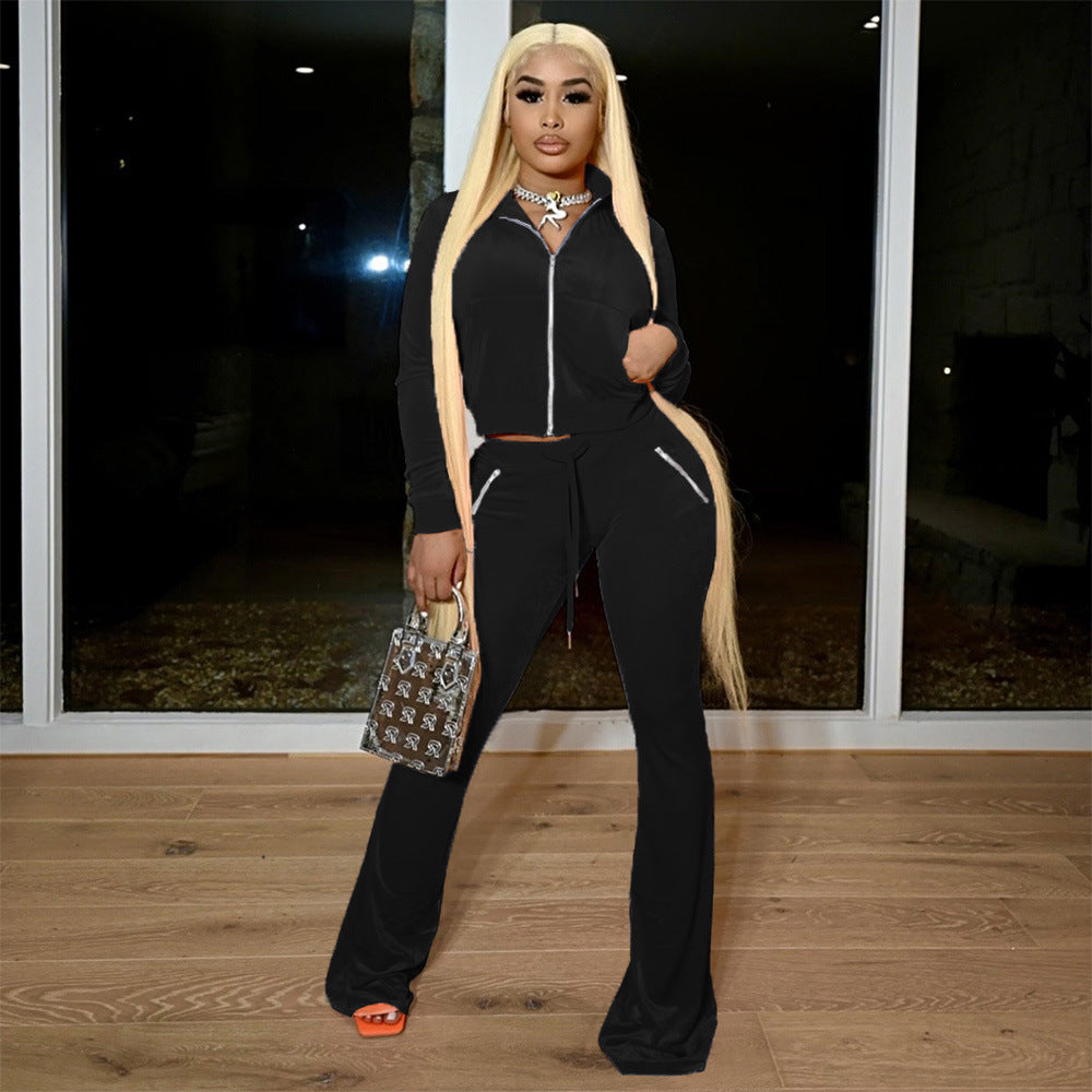 Women's Velvet Solid Color Sexy Zipper Pocket Two-Piece Tracksuit