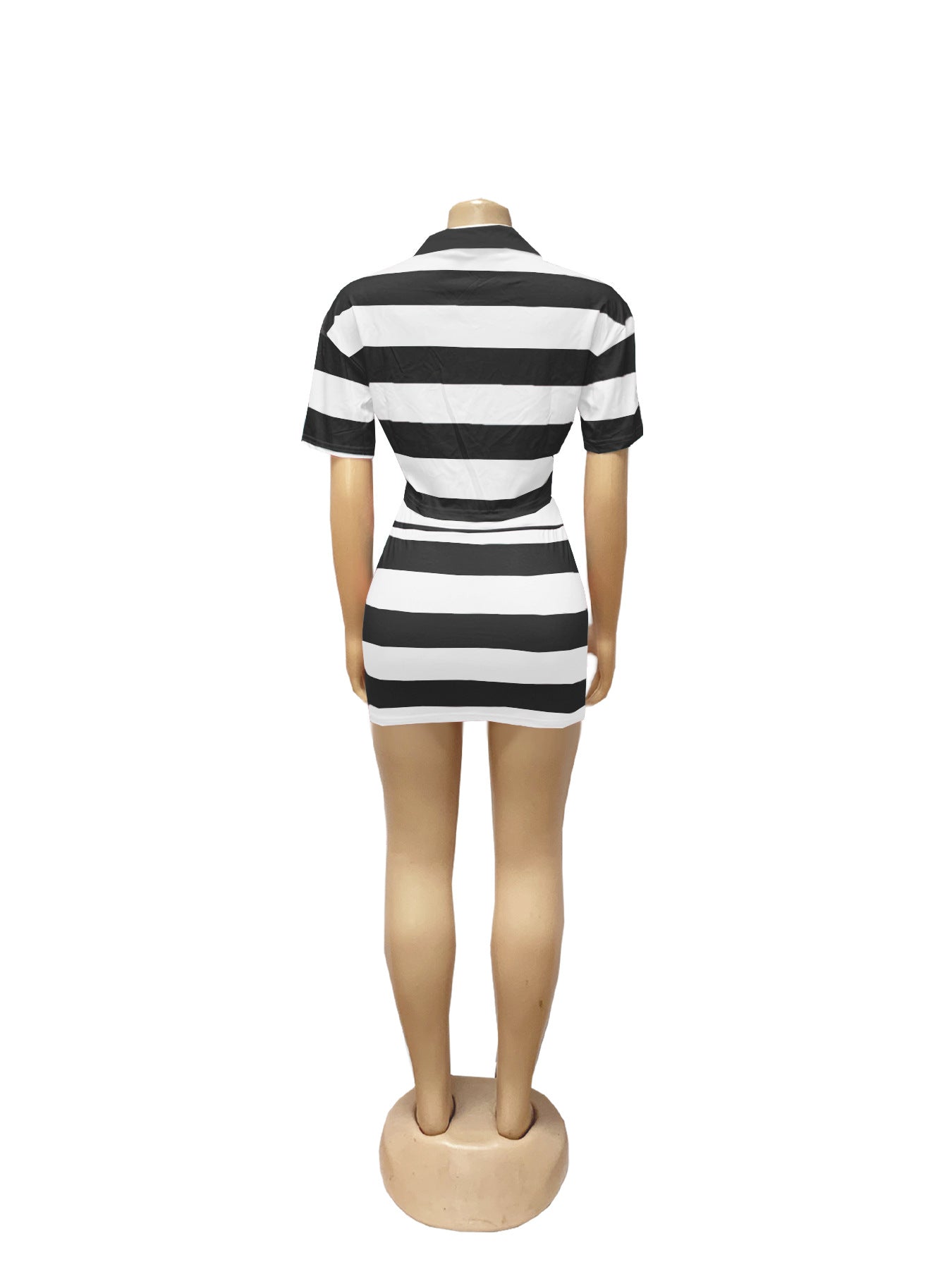 Women Striped Contrast Turndown Collar Crop Top and Bodycon Skirt Two-Piece Set 12