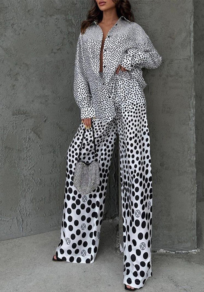 Polka Dot Print Loose Long Sleeve Shirt Wide Leg Pants Fashion Two Piece Set