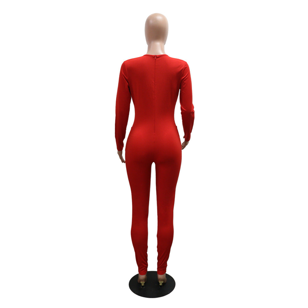 Sexy solid color long sleeves V-neck beaded jumpsuit 9