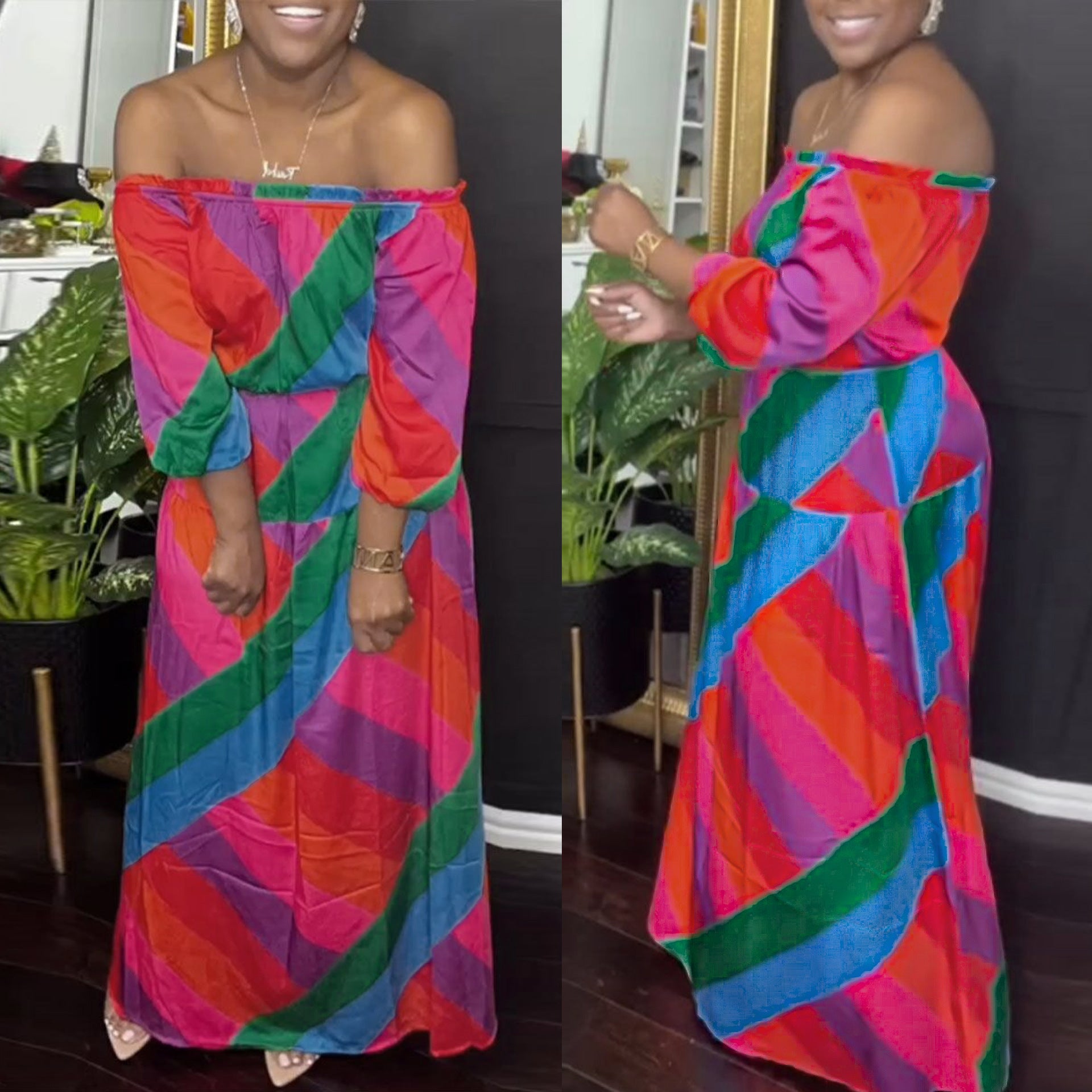 Women Sexy Print Off Shoulder Long Sleeve Dress 3