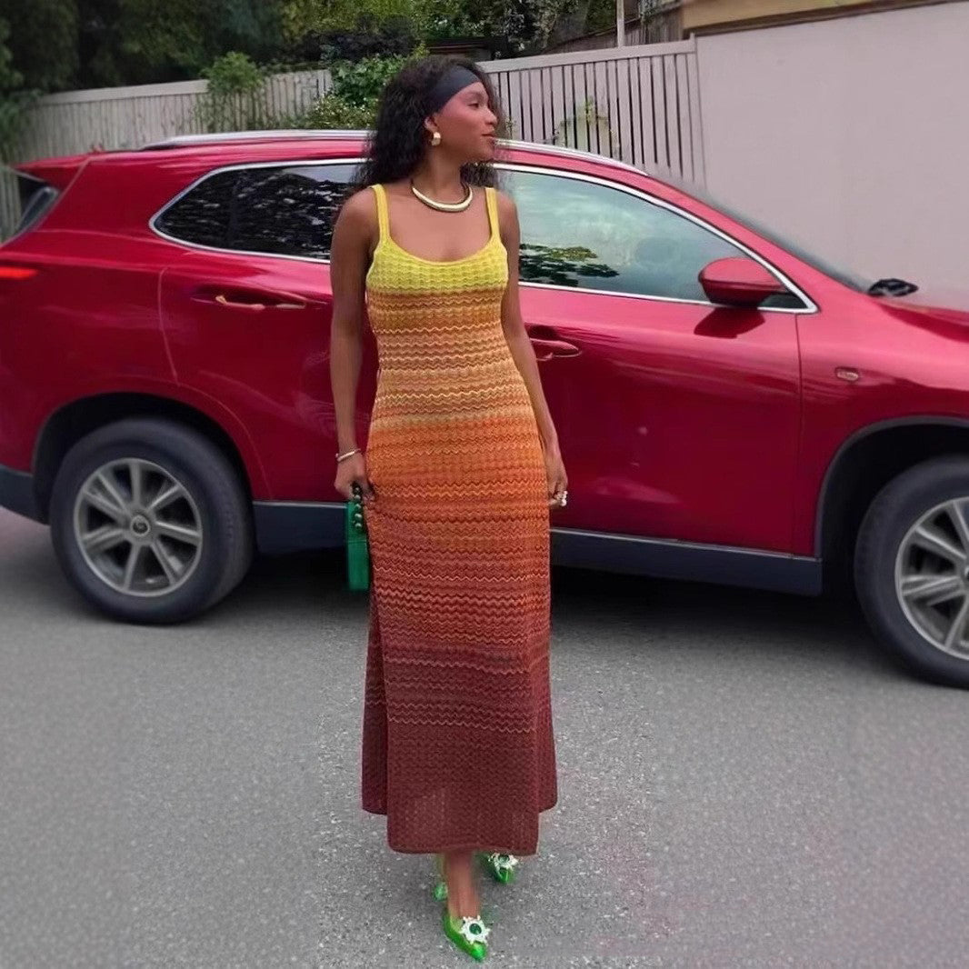 Gradient Striped Knit Sleeveless Strappy Slim Waist Slim Fit Dress 5