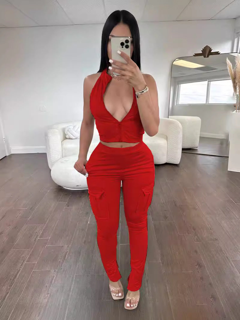 Women's Casual Sports Tight Fitting Zipper Top Butt Lift Pants Two Piece Set 8