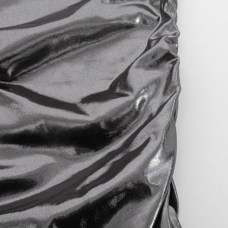 Women Solid Round Neck Long Sleeve Gathered Sexy Bodycon Mini Dress 15