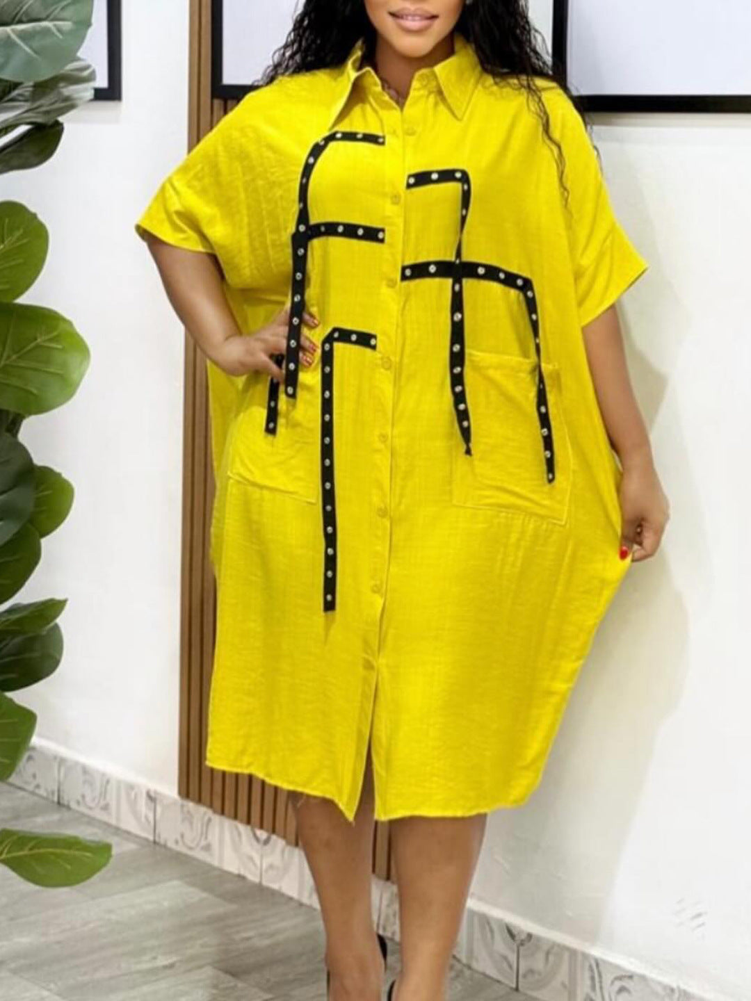 Women Short Sleeve Turndown Collar Shirt Dress