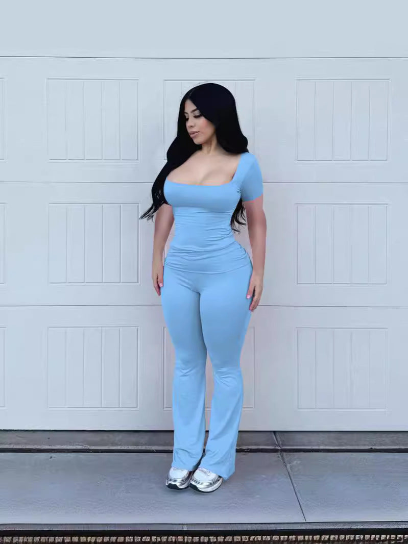 Women Summer Ribbed U-neck Short Sleeve Top and Pant Two-piece Set 8