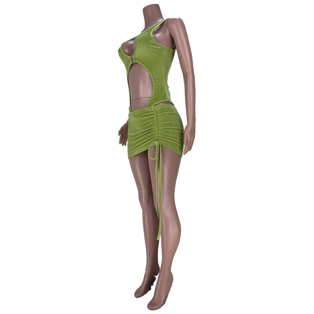 Fashion Casual Women's Velvet Sexy Beach Bodysuit Drawstring Skirt Two Piece Set 19