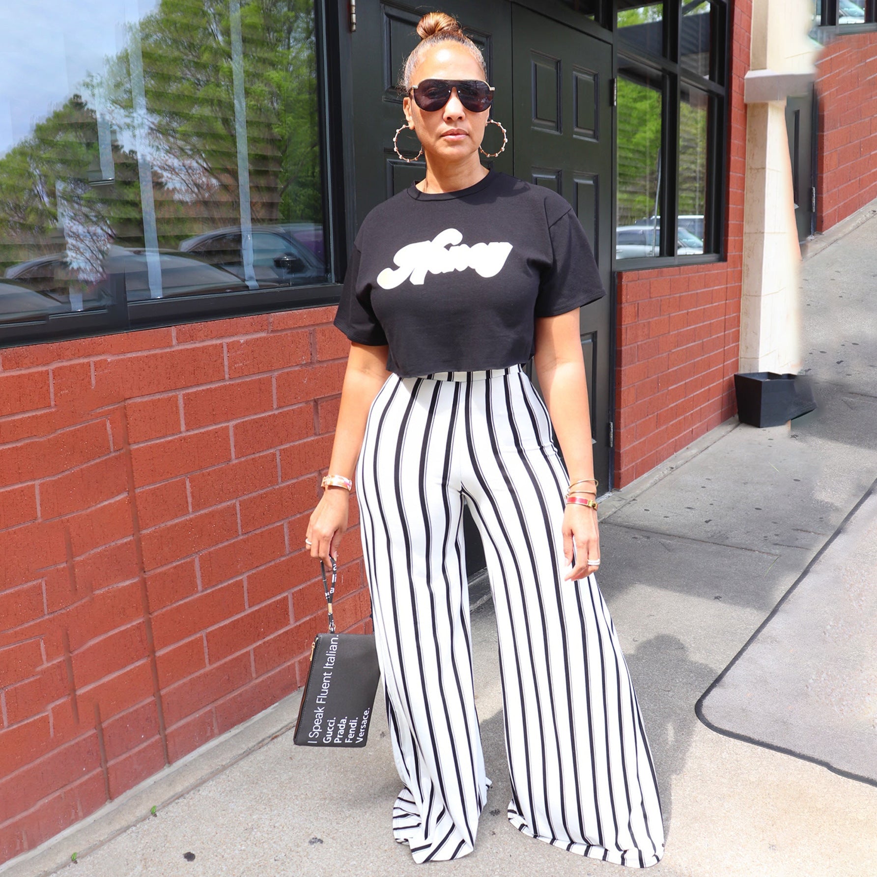 Women's Striped Print Loose Wide Leg Pants Straight High Waist Slim Fit Casual Pants