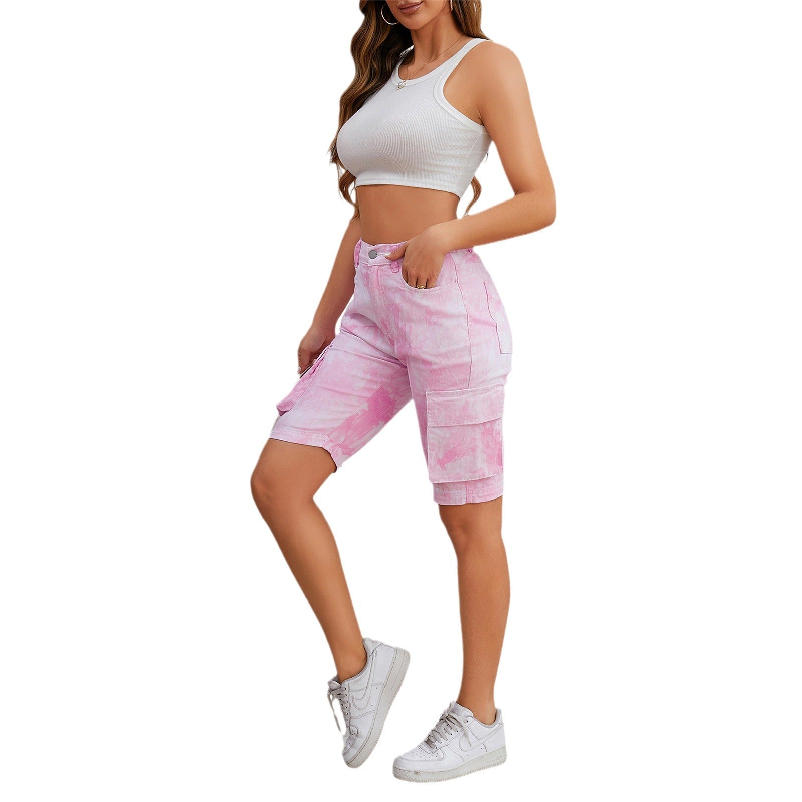 Women's Stretch Fashion Denim Shorts Washed Pocket Knee-Length Jeans 6