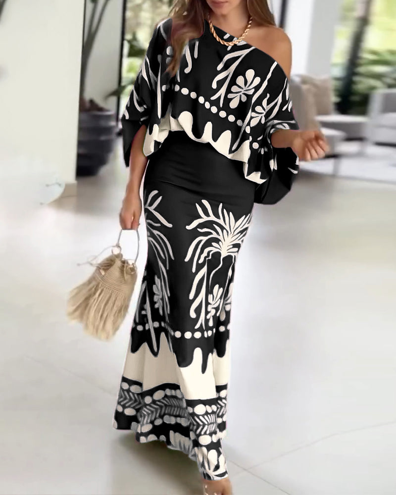 Women Printed Lantern Sleeve Top and Fishtail Skirt Two-Piece Set 3