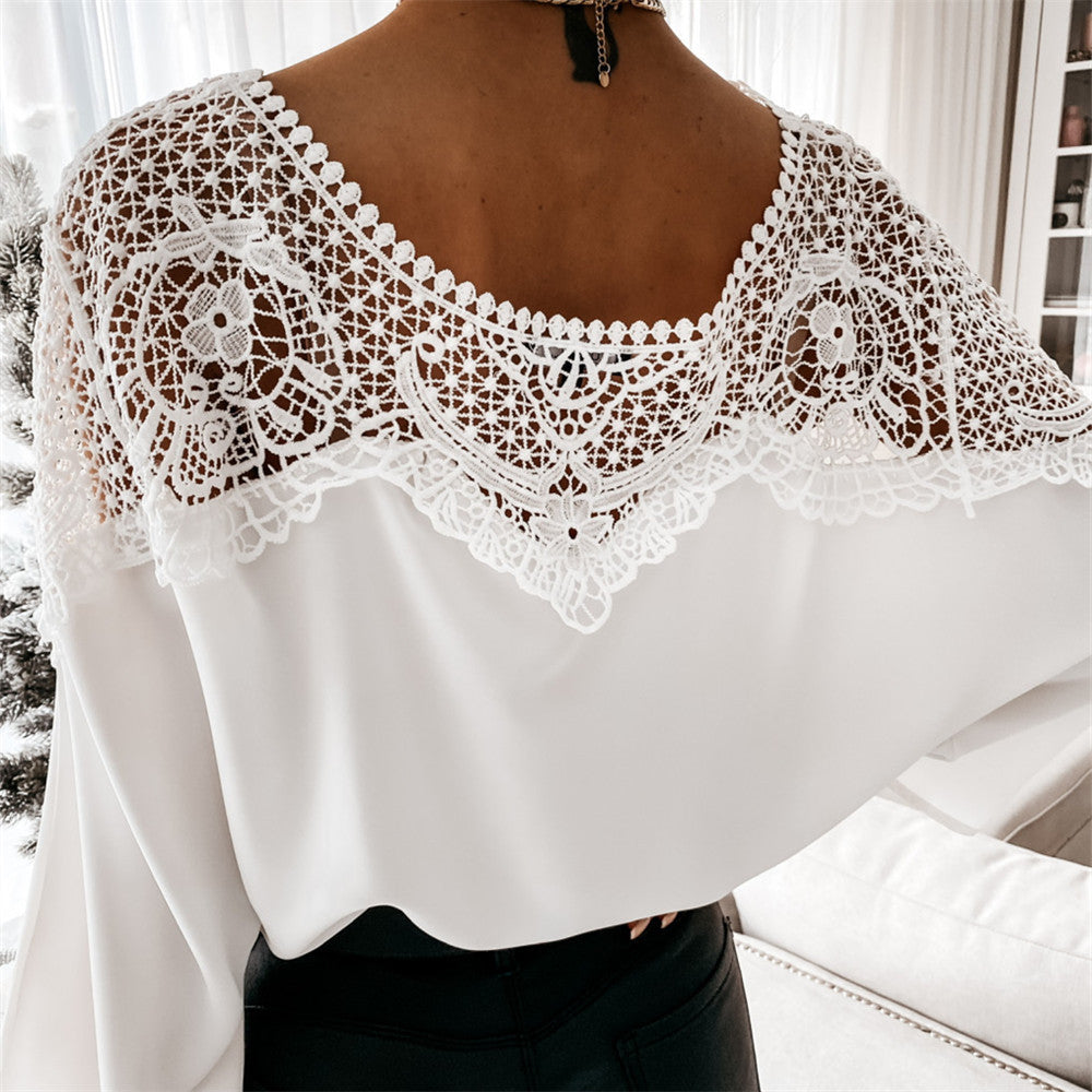 Loose chiffon bat long sleeve Lace Patchwork shirt for women 6