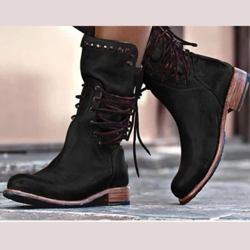 Women Knight Lace-Up thick heel mid-calf Roman boots
