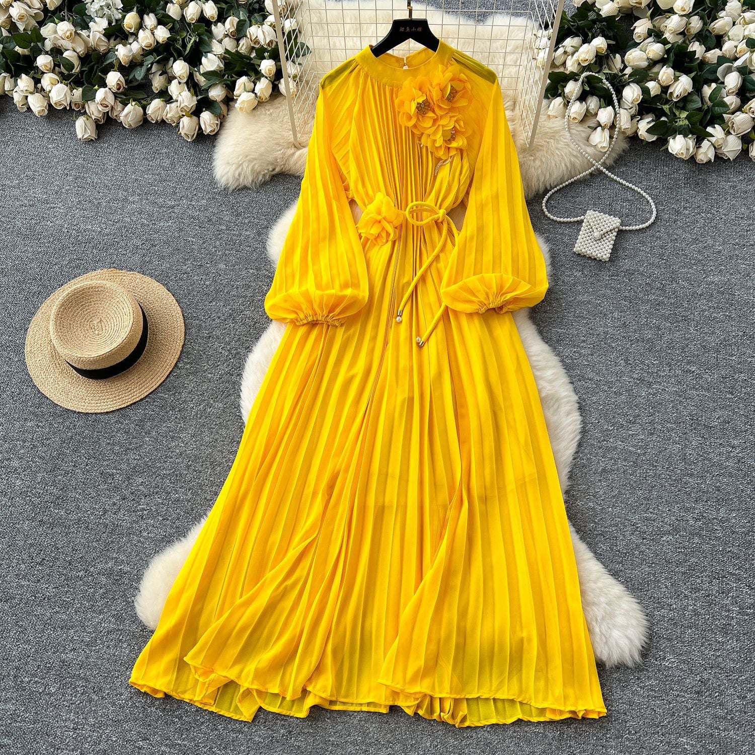 Elegant Women's Luxury Beaded Flower Belt Slim Waist Pleated Long Dress 4