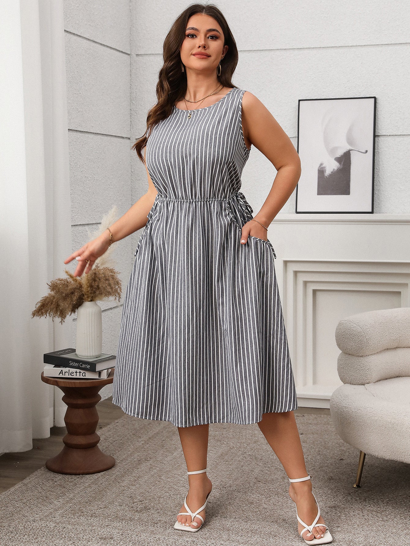 Spring/Summer Women's Plus Size Casual Contrast Stripe Sleeveless Pocket Dress 5