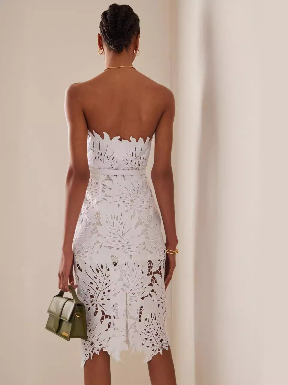 Women knitting sleeveless Strapless Lace white dress 9