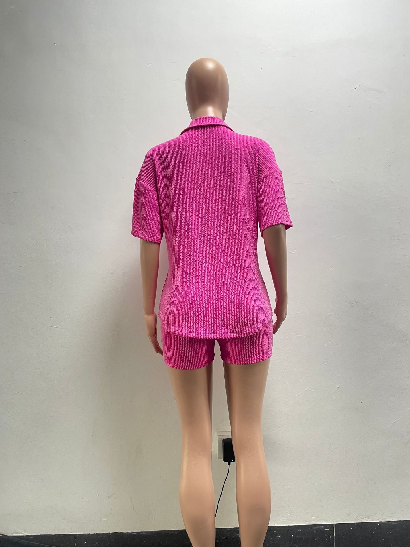 Women's Casual Solid Oclor Turndown Collar Short Sleeve Shirt Shorts Fashion Casual Two Piece Set 12