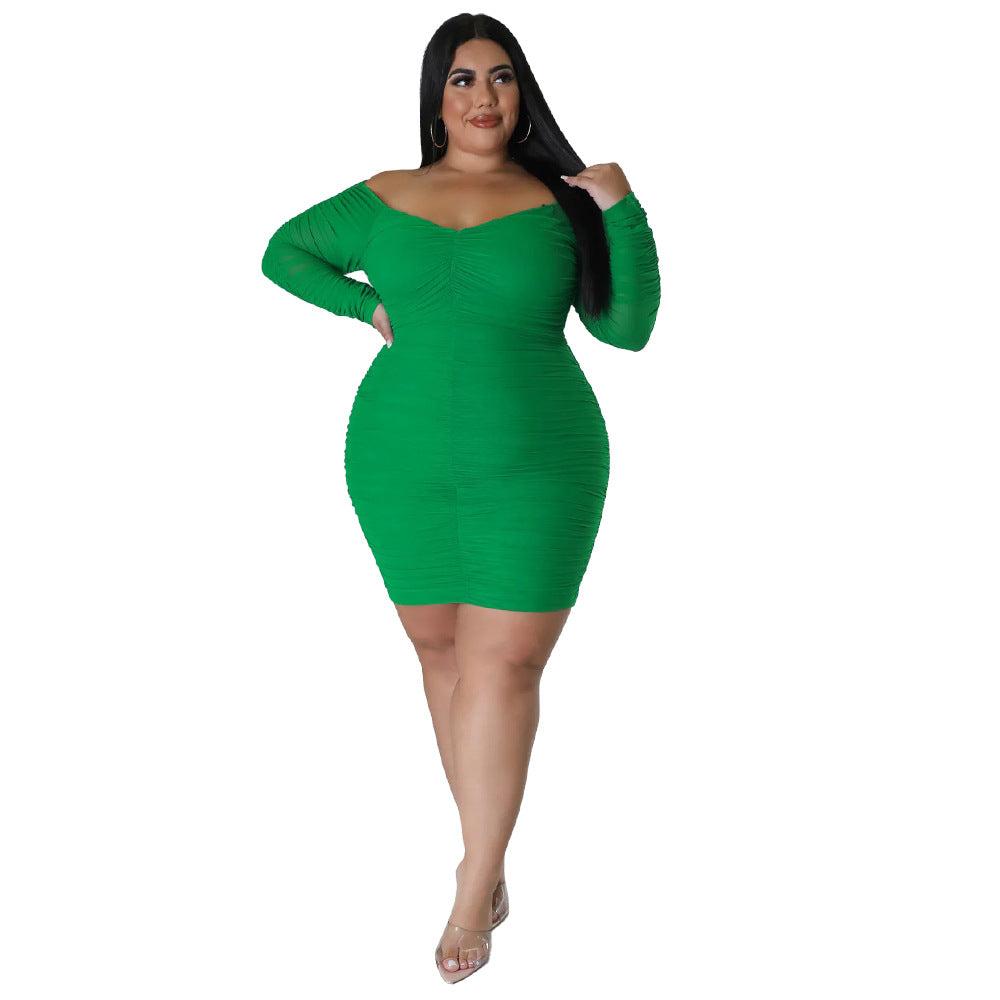 Plus Size Women Fall Off Shoulder Long Sleeve Bodycon Dress 10
